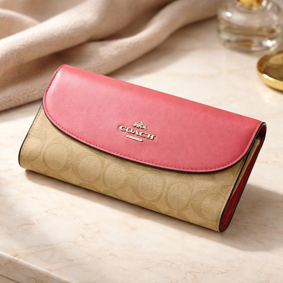 Coach Handbags - Coach Pink Tan Signature Wallet Snap